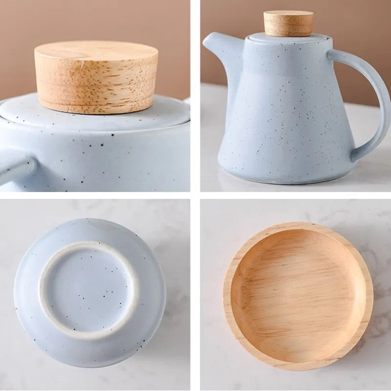 Ceramic Nordic Infuser Tea Set with Steel Filter Basket Solid Wooden Handles
